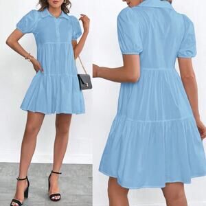 SHEIN • Baby Blue Essnce Solid Button Up Puff Sleeve Ruffle Hem Dress